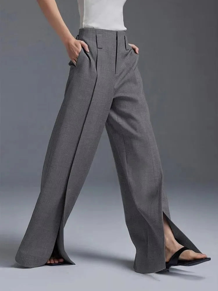 Yeezzi Urban Female Suit Pants 2025 New Fashion Black White Color Loose Straight Pant High-Waisted Pleated Split-Front Trousers