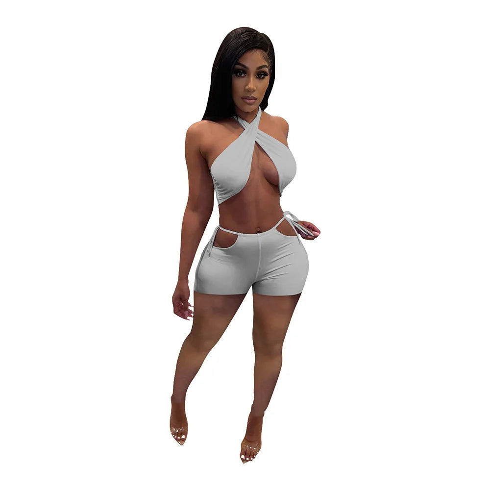 Two Piece Sets for Women Ruched Bandage Criss Cross Solid Women 2024 Spring Backless Club Crop Top and Shorts Matching Set