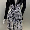 2024 Luxury Diamonds Tassel Sexy hollow Out Notched Black Mini Dress Woman Evening Party Vestido Celebrate Club Party Outfit