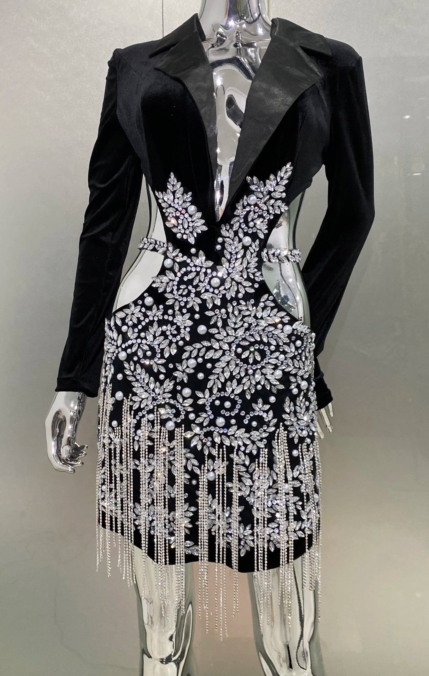 2024 Luxury Diamonds Tassel Sexy hollow Out Notched Black Mini Dress Woman Evening Party Vestido Celebrate Club Party Outfit