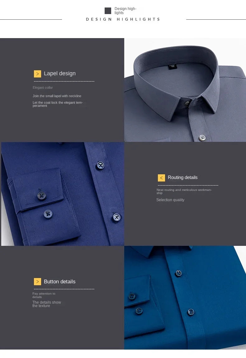 Men's long sleeved elastic shirt, non ironing business dress, professional work attire, stand up collar shirt