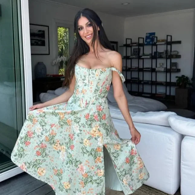 Suninheart Summer Pink Floral Print Corset Dress Midi Elegant Sexy Party Dresses Holiday Birthday Casual A Line Women Clothing