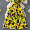 2024 Summer Women Floral Pleated Dress Vintage Turn-Down Collar Short Sleeve Single Breasted Printed Draped Midi Vestidos New