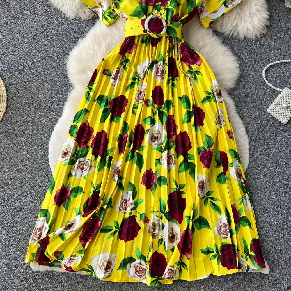 2024 Summer Women Floral Pleated Dress Vintage Turn-Down Collar Short Sleeve Single Breasted Printed Draped Midi Vestidos New