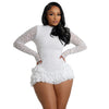BWQ Women Long Sleeve Lace Ruffles Ruched High Waist Short Jumpsuit Streetwear Backless Street One Piece Romper Playsuit