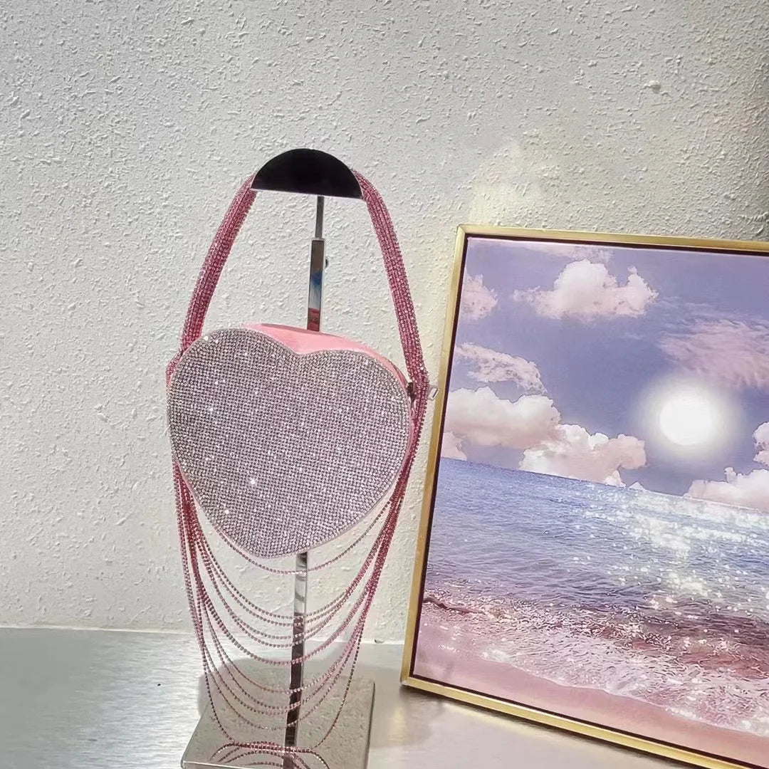 Bling Tassel Heart-shape Satin Bag Glitter Rhinestone Diamond Evening Bag Women Handbag Wedding Party Clutch Purse Crossbody Bag