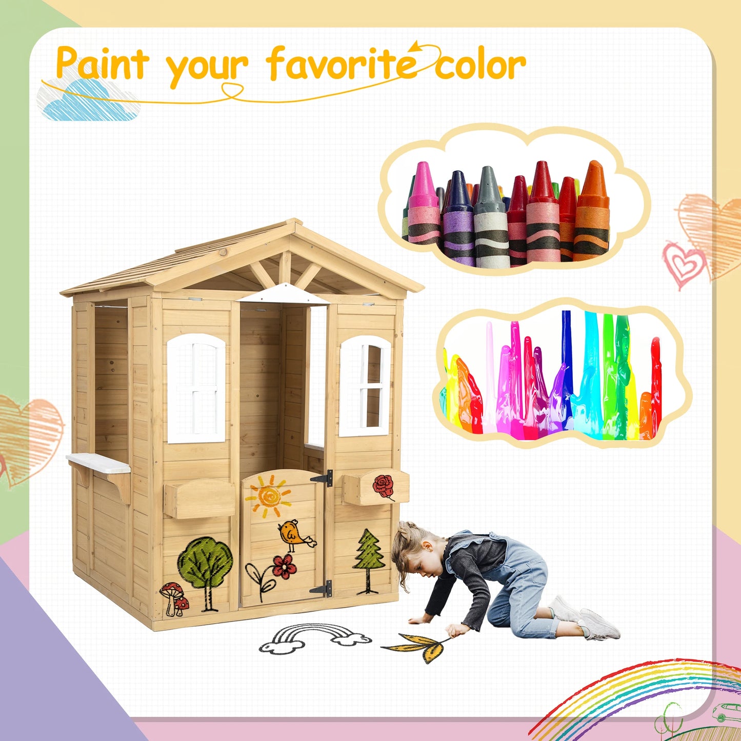 LZBEITEM Wooden Playhouse for Kids Outdoor with Working Door, Windows, Mailbox, Bench, Flowers Pot Holder, 39" x 38" x 55.5"