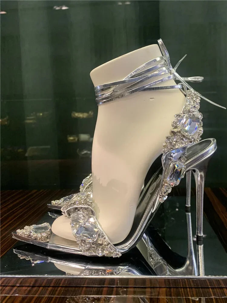 2024 Luxury Rhinestone Pointed Sandals Prom Super High Heel Sandals Slim Heel Dress Show Sandals Oversized 34-43 Women's Shoes