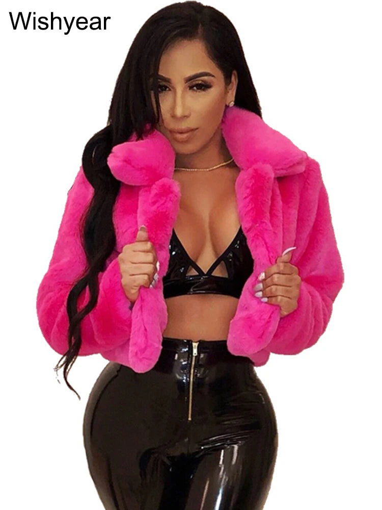 Fashion Faux Fur Open Stitch Lapel Crop Jackets Women Clothing Autumn Winter Solid Long Sleeve Warm Furry Fluffy Coat Outer Wear