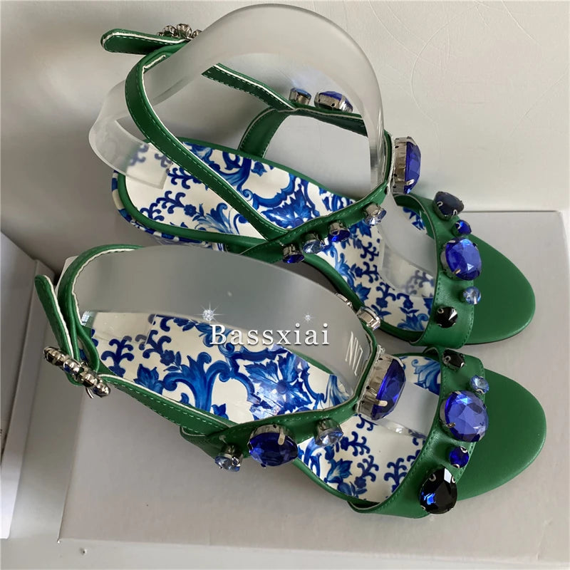 Luxury Diamond Crystal Decor Modern Sandals Women Blue And White Porcelain Print Ankle Strap Summer Shoes For Girls