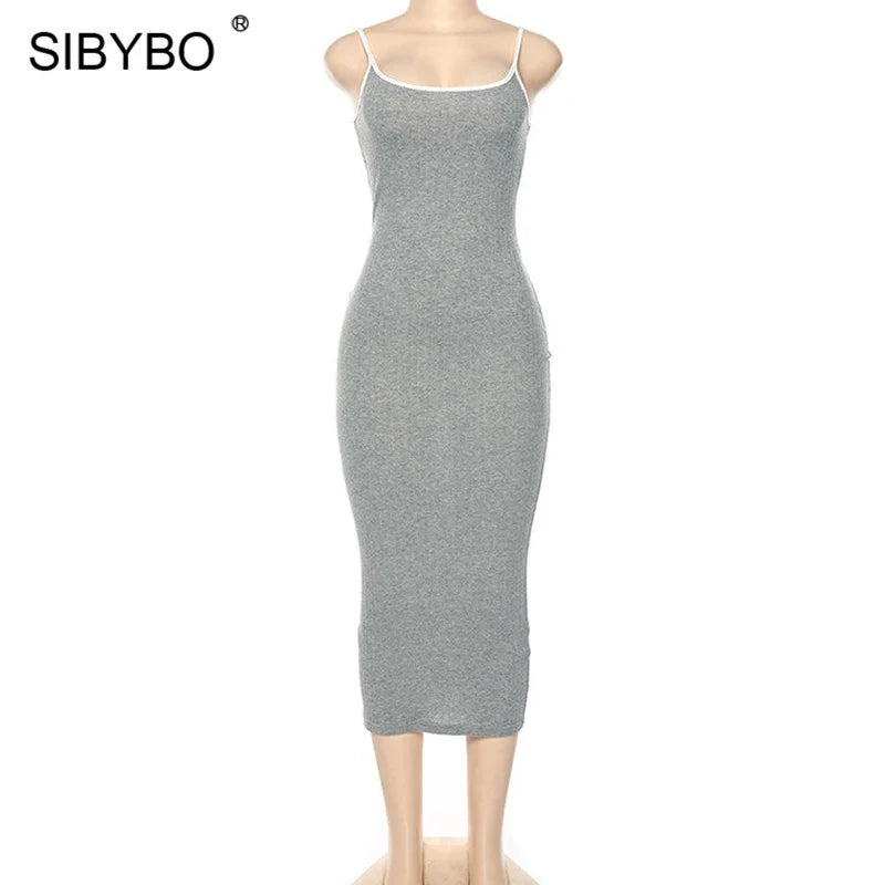 SIBYBO Ribbed Spaghetti Strap Cotton Dress Women Sleeveless O-Neck Summer Dress Solid Backless Long Party Dress