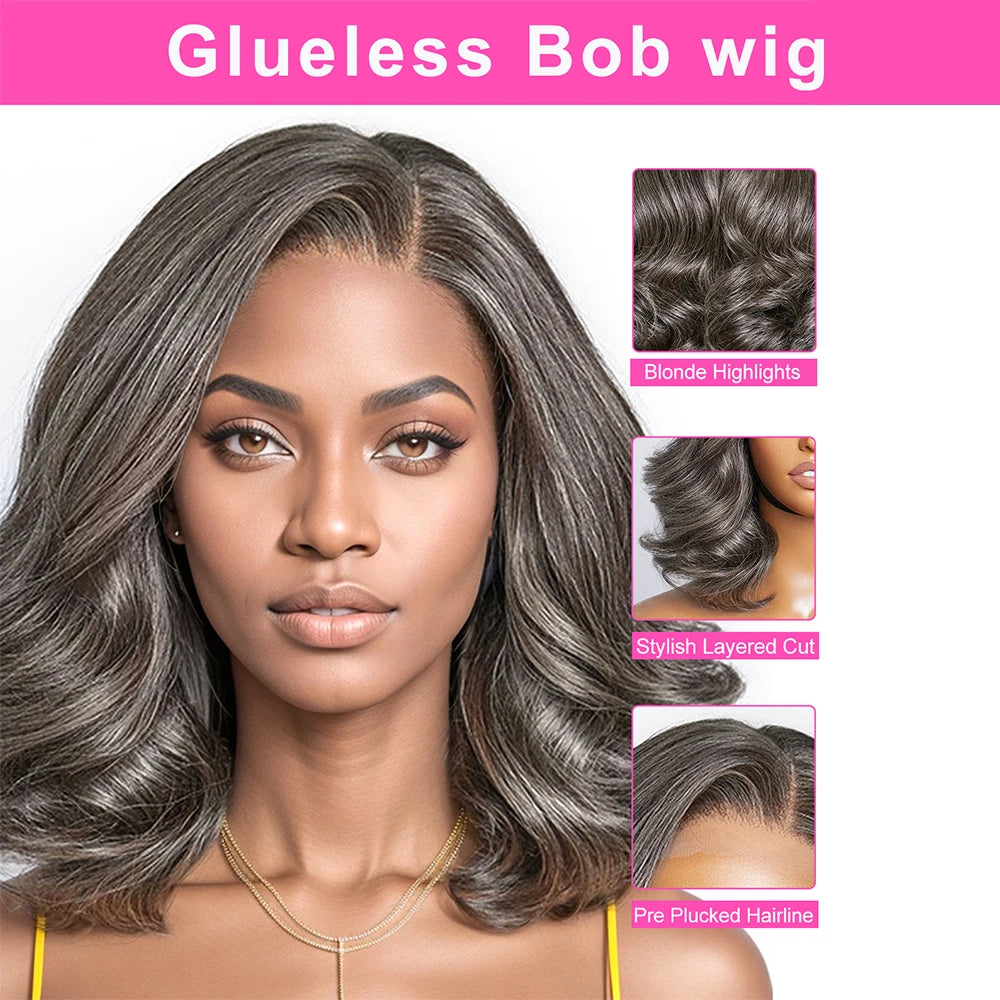 Salt and Pepper Loose Wave Lace Front Bob Wig Human Hair Side Part  5x5 HD Closure Lace Wig Ready To for Black Women