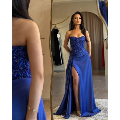 Cathy Blue Beaded Low Neck Pleated Prom Dress Side High Split vestidos de noiva Customized Mermaid Floor-length Formal Evening