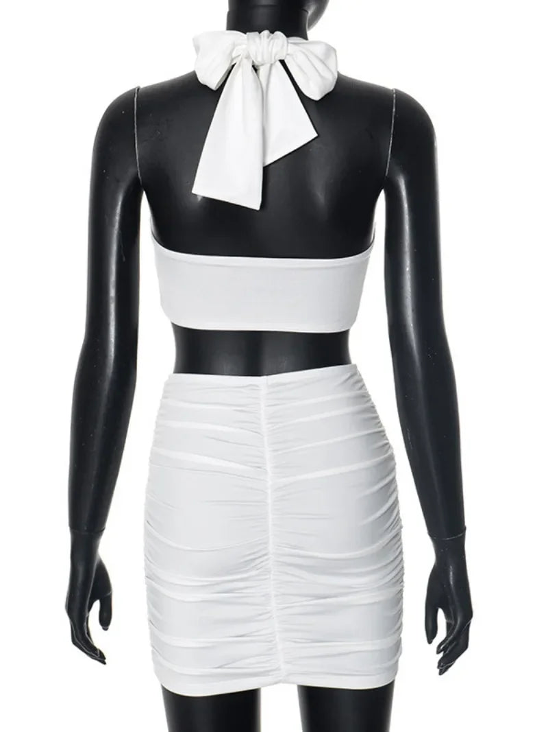 Sexy Metal Loving Heart 2 Piece Dresses Sets Halter Bandage Corset Tops and Mini Skirts Night Club Outfit White Black Streetwear