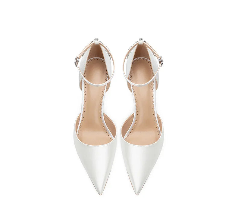 Baotou Hollow High Heel Women's Sandals Pointed Tip Thin Heel One-word Button Rhinestone Wedding Shoes Bridal Shoes