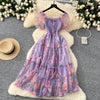 Elegant Slash Neck Vintage Short Puff Sleeve Chic Print Slim Chiffon Dresses French High Street Evening Autumn Mesh Clothing
