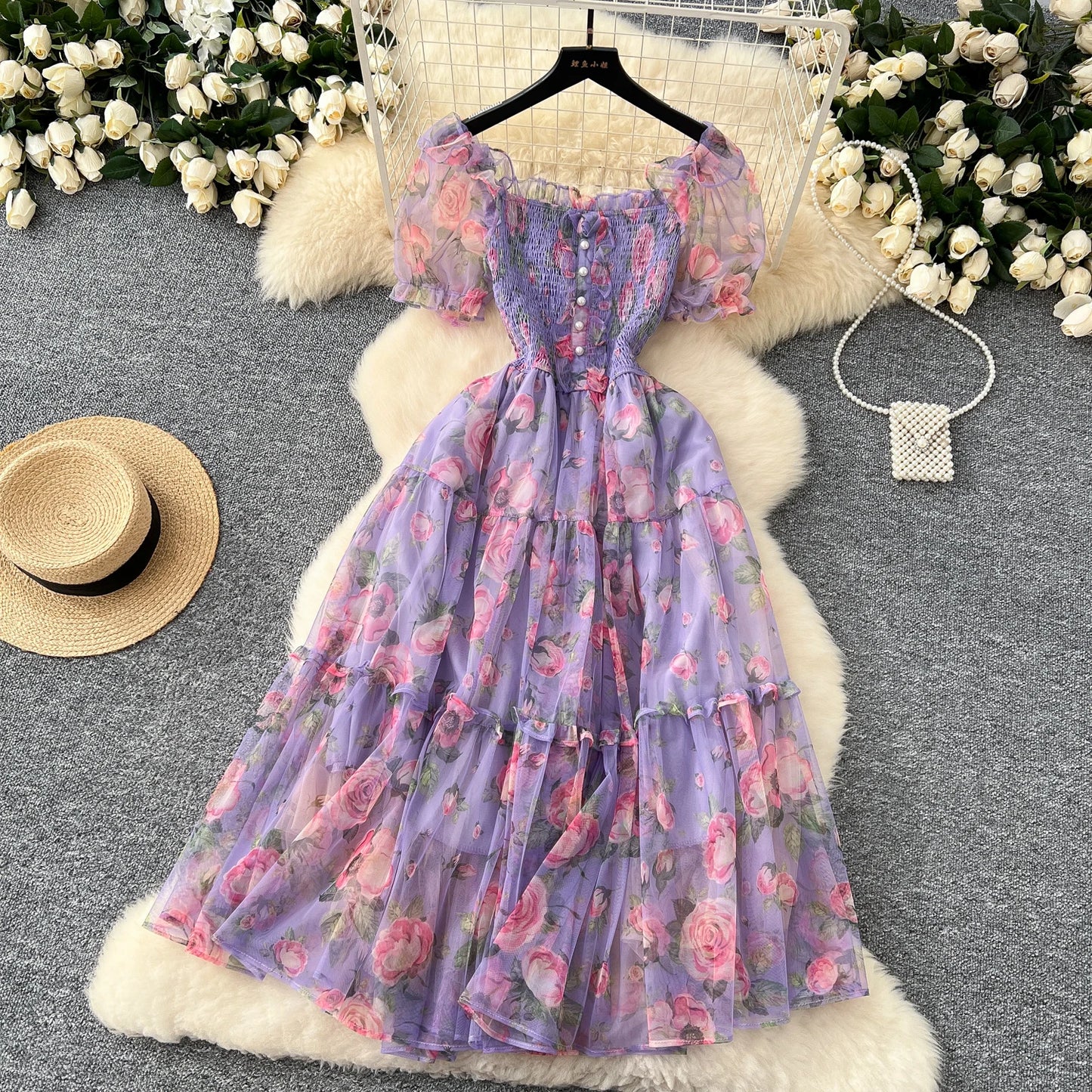Elegant Slash Neck Vintage Short Puff Sleeve Chic Print Slim Chiffon Dresses French High Street Evening Autumn Mesh Clothing