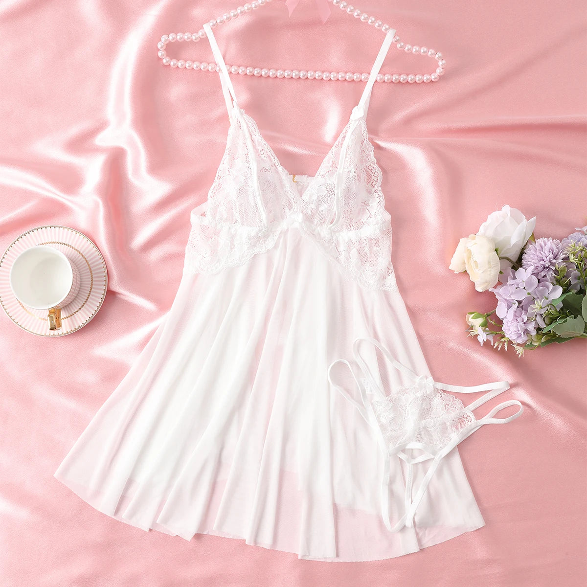 Sexy Summer Open Bra Deep V-neck Pajamas Women's Fashion Cute Lingerie Clothing Soothing Soft Sleeveless Mini Thongs Skirt Set