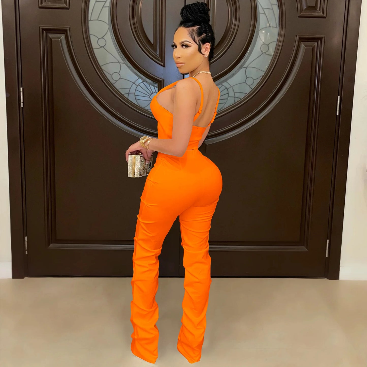 Sexy Solid Color Women's 2-Piece Slim Fit Open Back Zipper Tank Top+High Waist Trouser Set Amazing Bust Wrapping Street Clothing