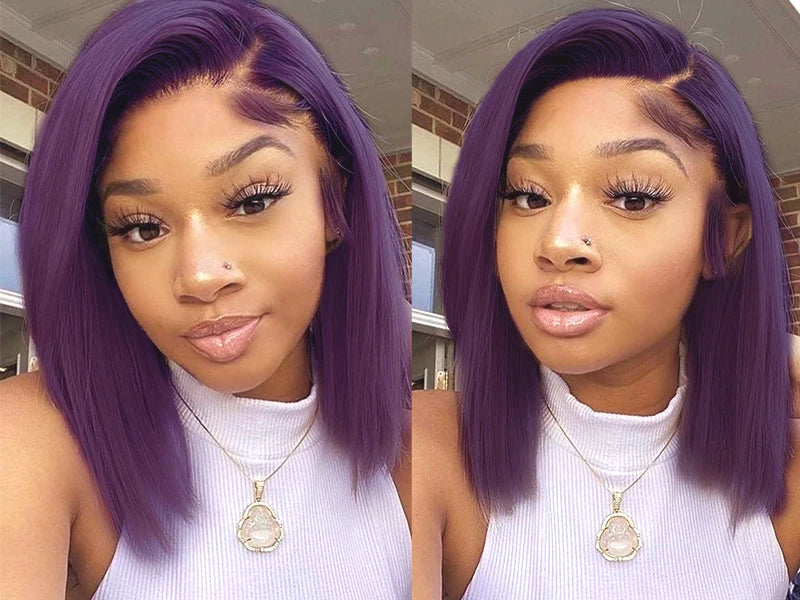 Dark Purple Bob Lace Front Wigs Human Hair Colored 13x4 Lace Frontal Short Straight Purple Bob Wig Pre Plucked with Baby Hair