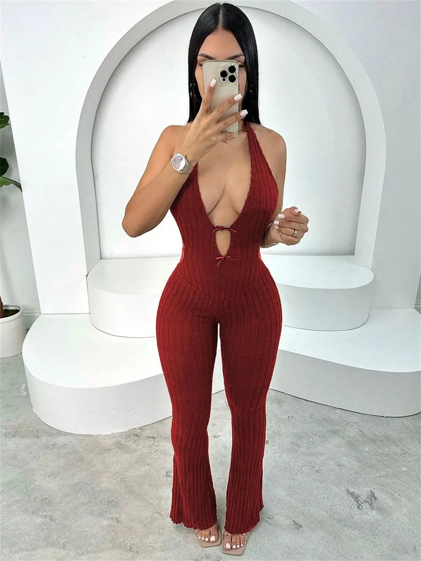 Women Knit Halter Bow Sleeveless Long Jumpsuits 2025 Summer Backless Sexy Outfits Night Club Party One Piece Rompers