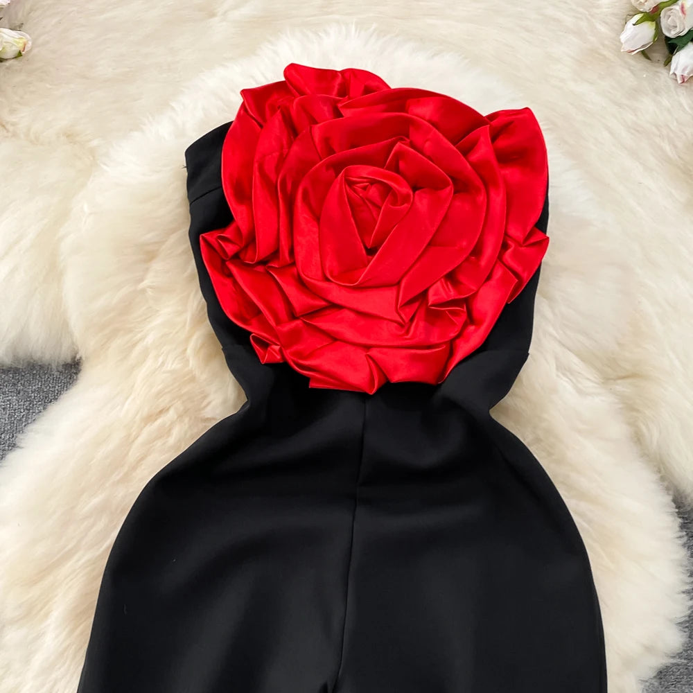 Elegant Floral Off Shoulder Top Jumpsuit with Vintage High Waist Casual Wide Leg Pants Fashion Summer Women Playsuit