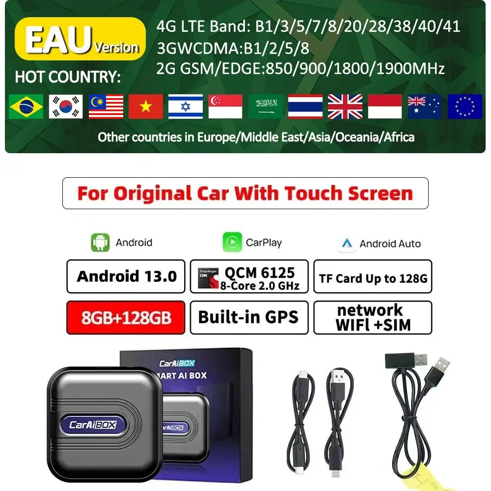 CarAiBOX CarPlay Ai Box Qualcomm 6125 8-Core CPU Android 13.0 System Wireless CarPlay Android auto Built-in Google Play Store