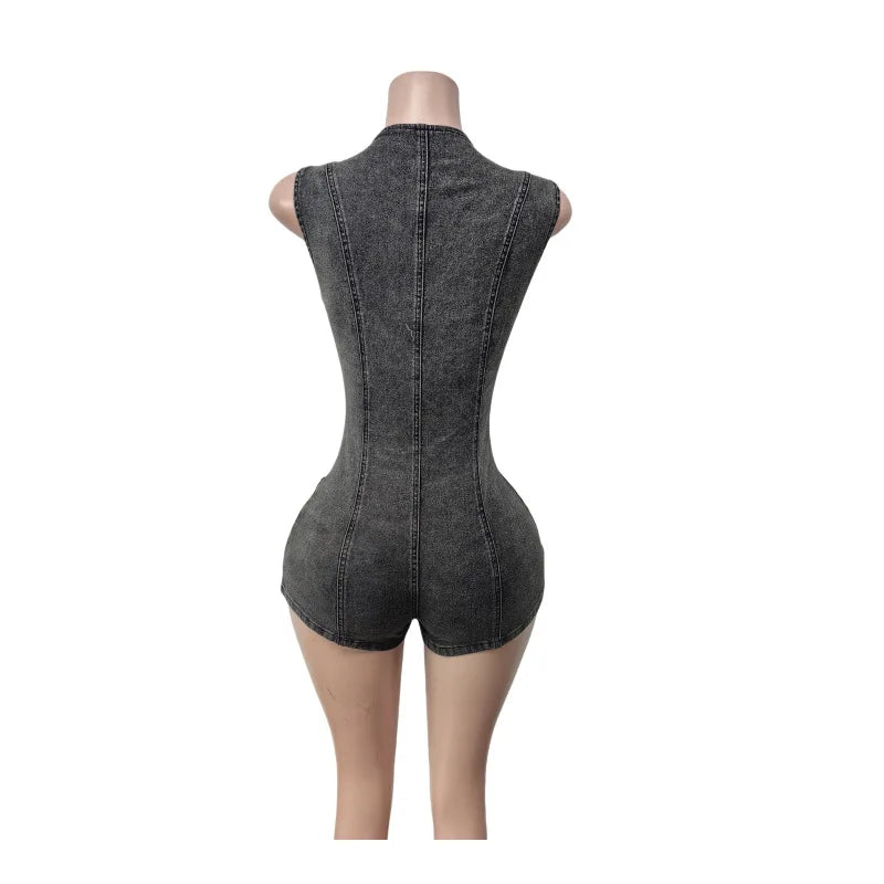 FAGADOER Spring Summer New Sexy Sleeveless Denim Rompers Women Button Zipper Cargo Pocket Patchwork Female Streetwear Overalls