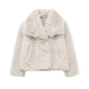 TRAF 2024 Women Fashion Cropped Faux Fur Jacket Coat Long Sleeve Front Snap-button Female Outerwear Chic Lapel Collar Thick Coat