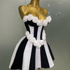 2025New Women Flower Decoration Strapless Black White Stripe Bandage Short Dress Cocktail Party Elegant Evening Club Party Dress
