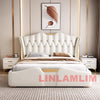 MINGDIBAO Luxury Modern Upholstered Bed Frame with Gold Accents, Genuine Leather Designer Bed, Queen/King Size Bedroom Furniture
