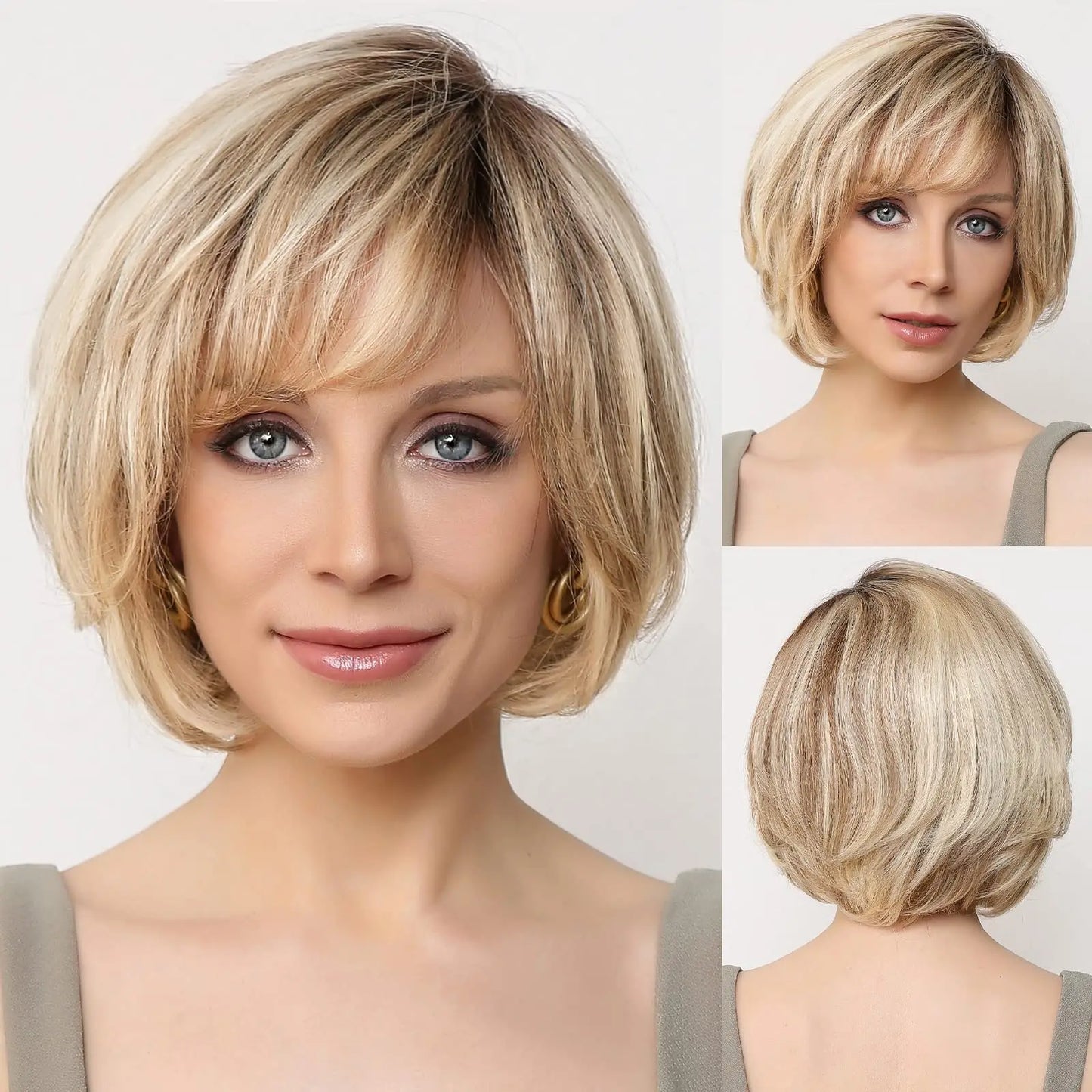 Brown Blonde Mixed Ombre Human Hair Lace Front Wigs Short Wavy Bob Hair Glolden Blonde Remy Human Hair Wig for White Women Daily