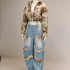 BWQ Washed Denim Women's Set Full Sleeve Floral Jacket and Pockets Cargo Jeans Pants Suit 2025 Street Two 2 Piece Set Outfit