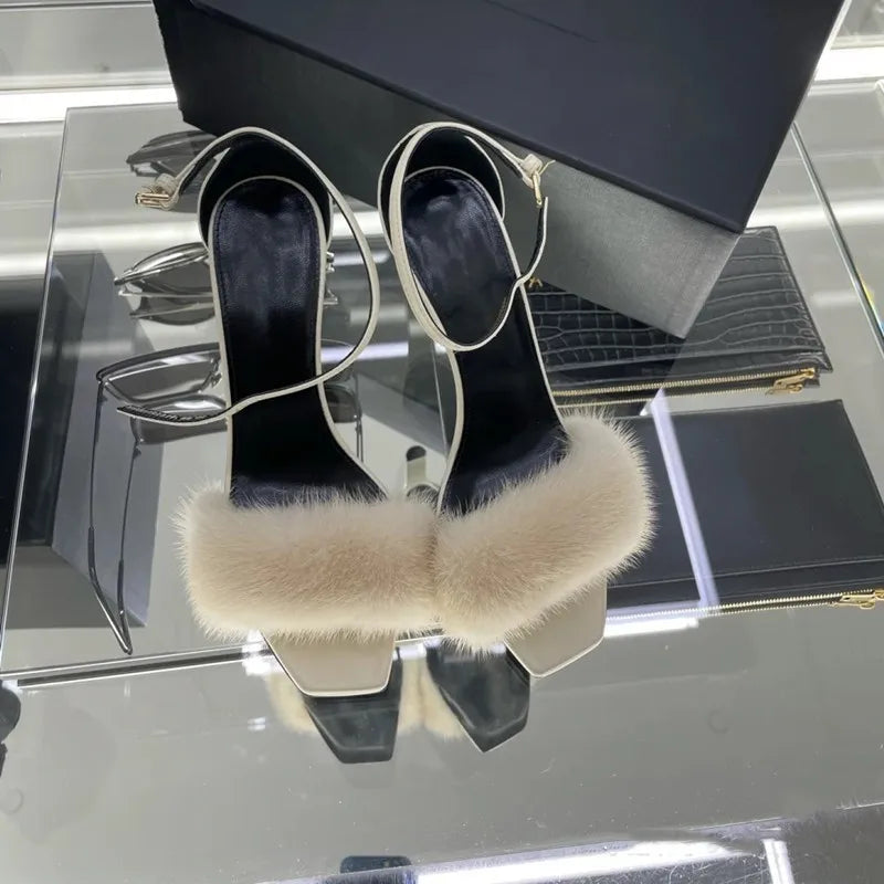 2025 Early Spring New Mink Hair High Heels One-word Sandals Square Head Stiletto Women's Shoes