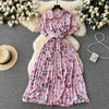 2024 Summer Women Floral Pleated Dress Vintage Turn-Down Collar Short Sleeve Single Breasted Printed Draped Midi Vestidos New