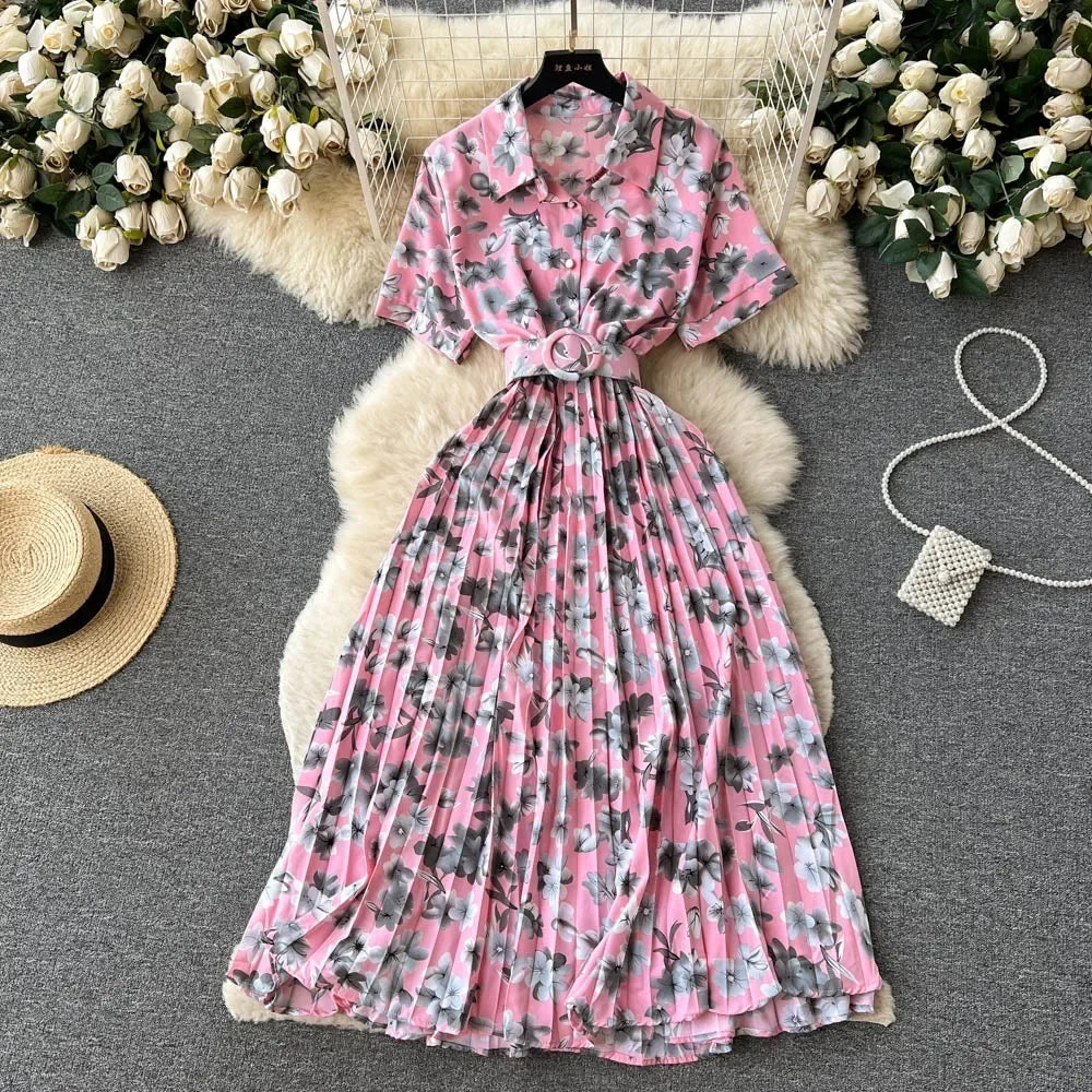 2024 Summer Women Floral Pleated Dress Vintage Turn-Down Collar Short Sleeve Single Breasted Printed Draped Midi Vestidos New