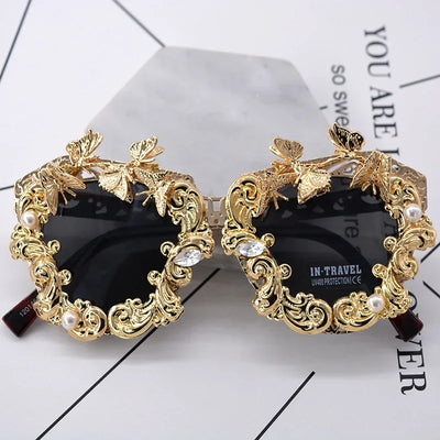 Luxury Round Baroque Sunglasses Metal Flower Vintage Eyewear Brand Design Outdoors Casual Fashion Accessories Women's Sunglasses