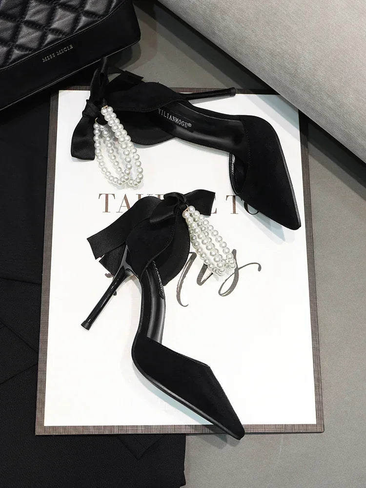 Comemore 2024 Summer  Bow Black High Heel Sandals Lace-up Solid Ladies Shoes Fashion Thin Heels Buckle Women's Sandals banquet