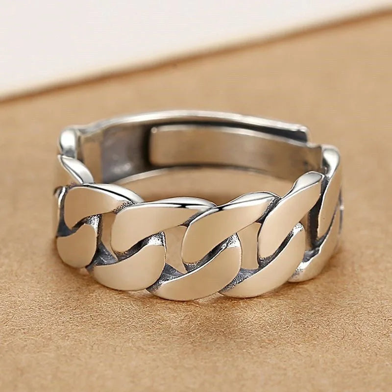 BFCLUB 925 Sterling Silver Rings For Women Men Fine Jewelry Finger Adjustable Open Vintage Chain Ring For Party Birthday Gift