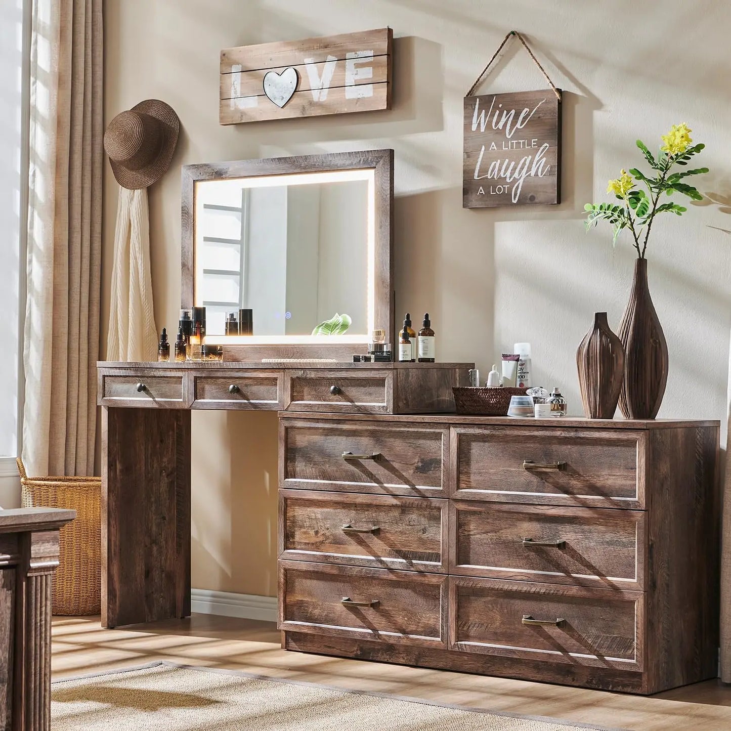 69" W rustic wood bedroom dresser with glass top, 9 large storage drawers, 3 color usable lights and 30 "HD Led mirror