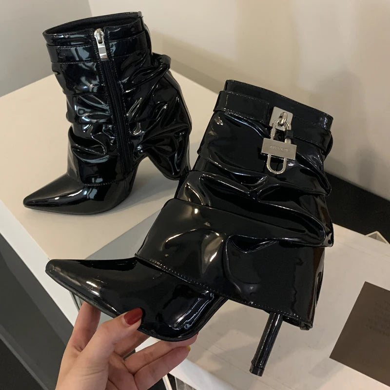 PU Leather Stiletto Womens Ankle Booties High Heel Pointed Toe Pumps Metal Buckle Side Zipper Sexy Fall Winter Shoes Black