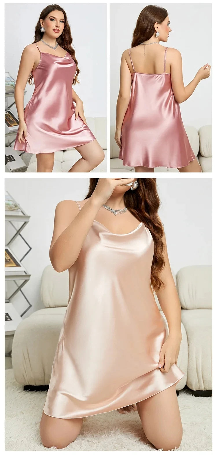 Large Size 3XL 4XL 5XL Female Nightgown Sexy Suspender Nightdress Pink Chemise Sleepwear Bathrobe Loose Satin Home Dressing Gown