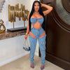 Denim Pants Sets for Women 2024 Sexy Streetwear Two Piece Set Outfits Chest Wrap Sleeveless Backless Top Hollow Out Jeans