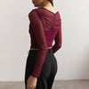 CUTENOVA Chic Design Cross Neck Crop Top Solid Color Mesh See Through Sexy Pleated Long Sleeve Elegant T-Shirt For Women Casual