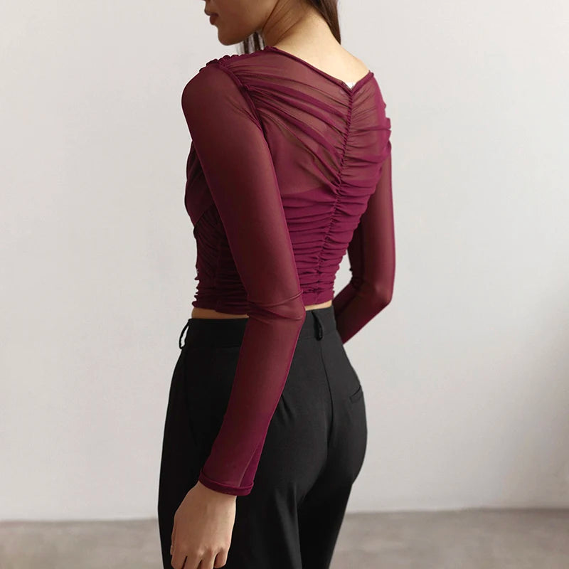 CUTENOVA Chic Design Cross Neck Crop Top Solid Color Mesh See Through Sexy Pleated Long Sleeve Elegant T-Shirt For Women Casual