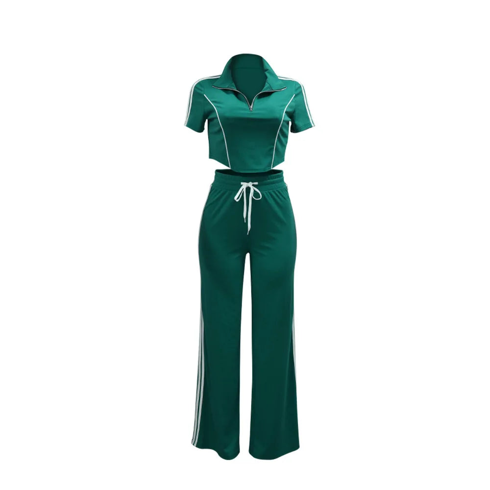 Fashion Casual Short Hoodie 2 Piece Women Summer Zipper Top Short Sleeved Sports T Shirt Stripe Splicing Long Pants Female Suit