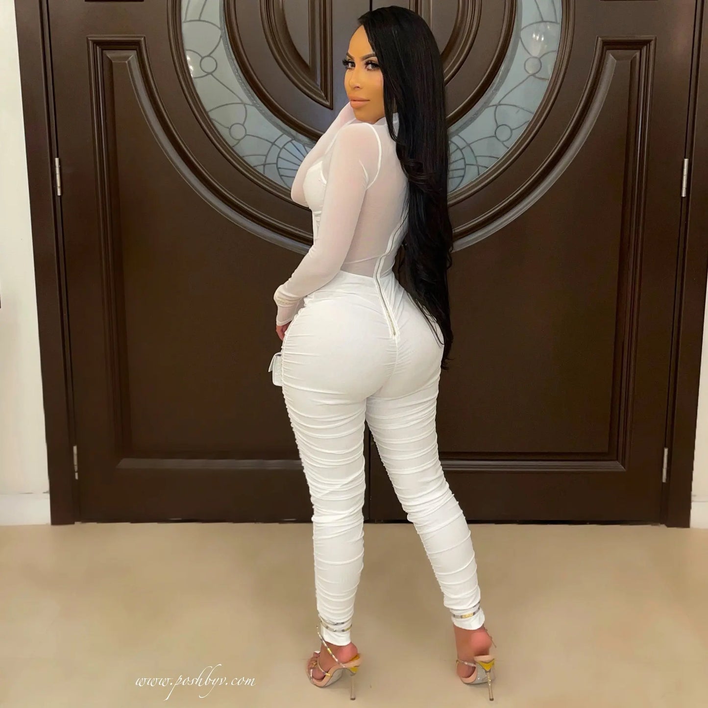 Sexy Mesh Patchwork Jumpsuits for Women Elegant Long Sleeve Bandage One Piece Party Long Bodysuit