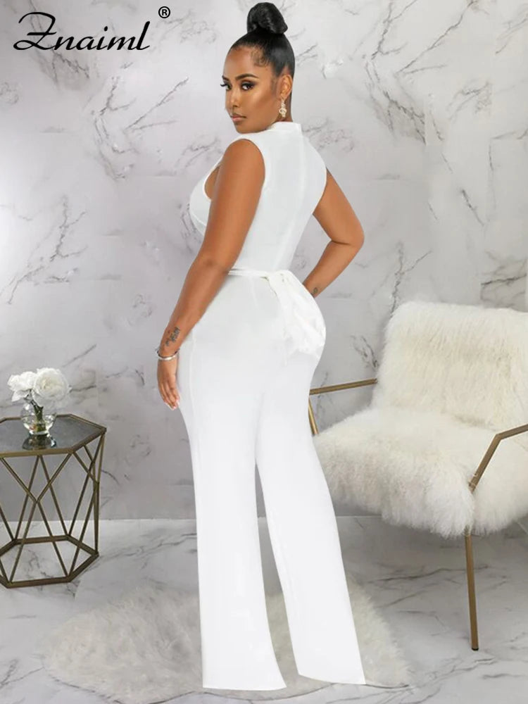 Znaiml Office Lady Jumpsuit High Waist Elegant Black One Pieces Chain Short Sleeve Straight Wide Leg Romper Birthday Overalls