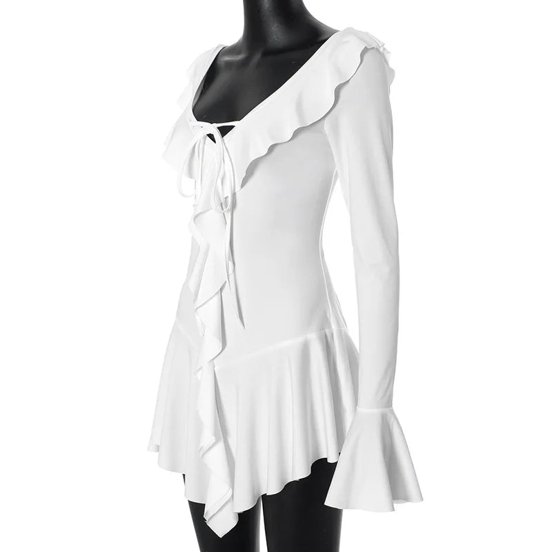 Ruffled Lace-Up White Mini Dress Women's V-Neck Patchwork Long Sleeve Sexy Slim Dress Bandage Elegant Female Summer Dress