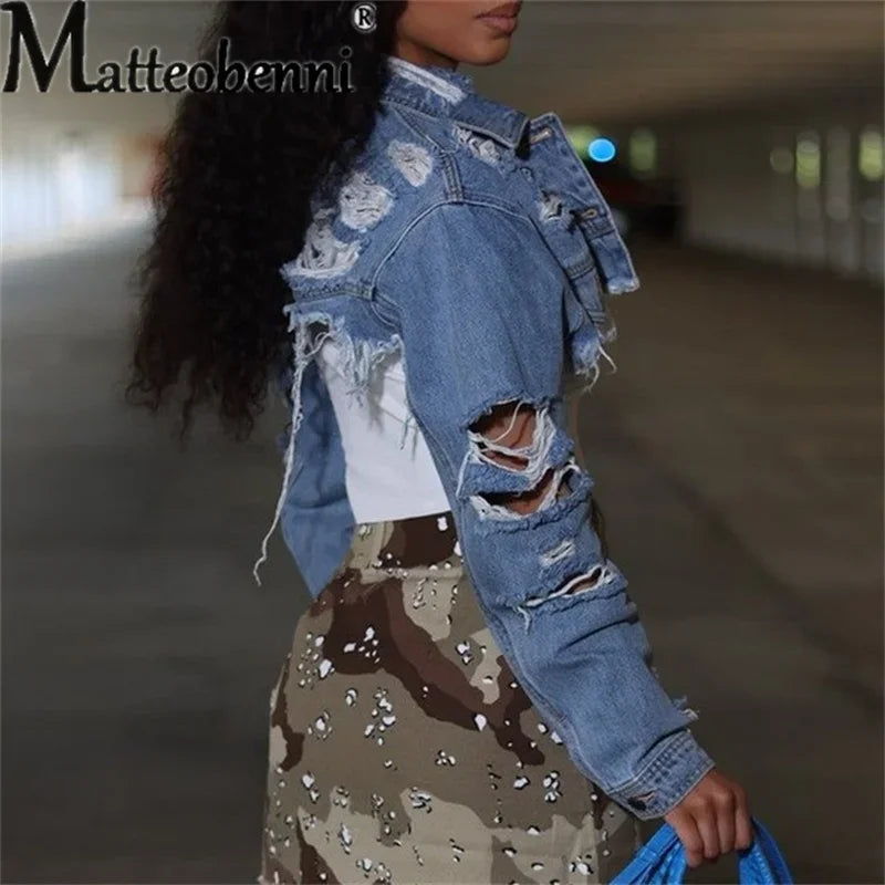 Fashion Broken Holes Long Sleeve Short Denim Jacket Ladies Trend Streetwear Casual Outerwear Women's Double Button Splicing Coat